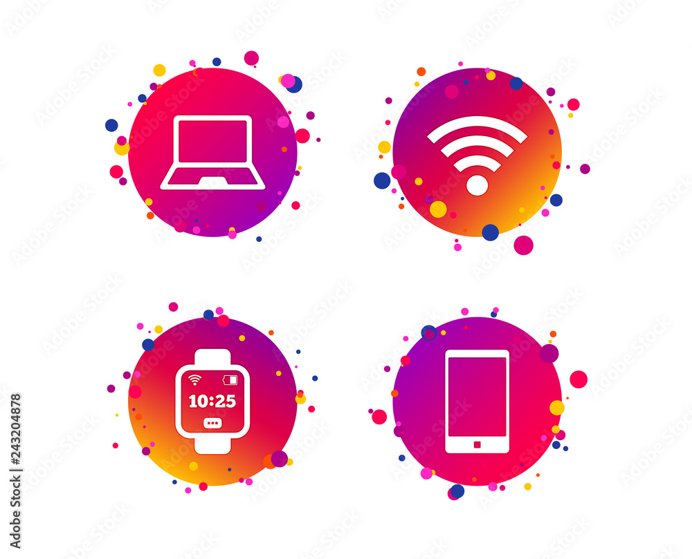 Poster notebook and smartphone icons. smart watch symbol. wi-fi and battery energy signs. wireless network 