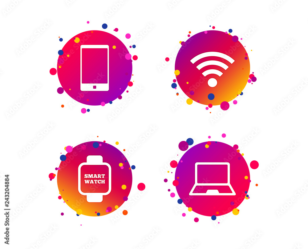 Poster notebook and smartphone icons. smart watch symbol. wi-fi sign. wireless network symbol. mobile devic