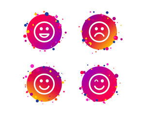 Fototapeta premium Smile icons. Happy, sad and wink faces symbol. Laughing lol smiley signs. Gradient circle buttons with icons. Random dots design. Vector