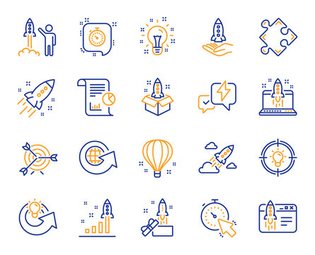 Startup line icons. Launch Project, Business report, Target icons. Strategy, Development plan, Startup space rocket. Air balloon, Out of the Box strategy and Business innovation report. Vector