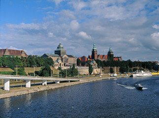 Odra river and Waly Chrobrego street, Szczecin, Poland