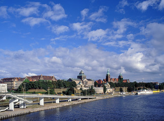 Odra river and Waly Chrobrego street, Szczecin, Poland
