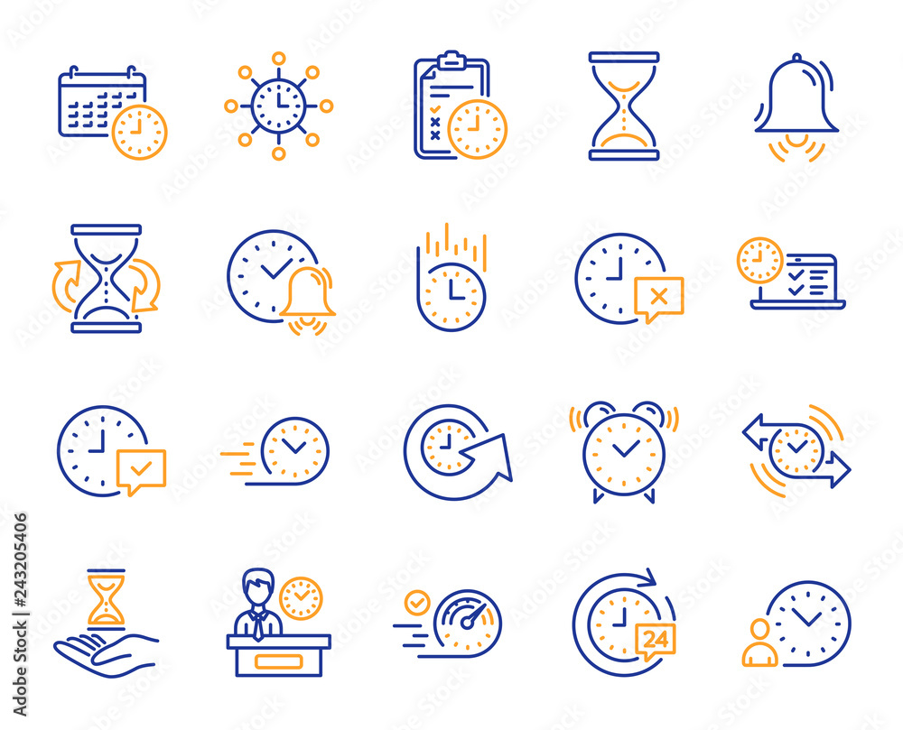 Poster time line icons. set of calendar, time management timer and delivery service linear icons. checklist