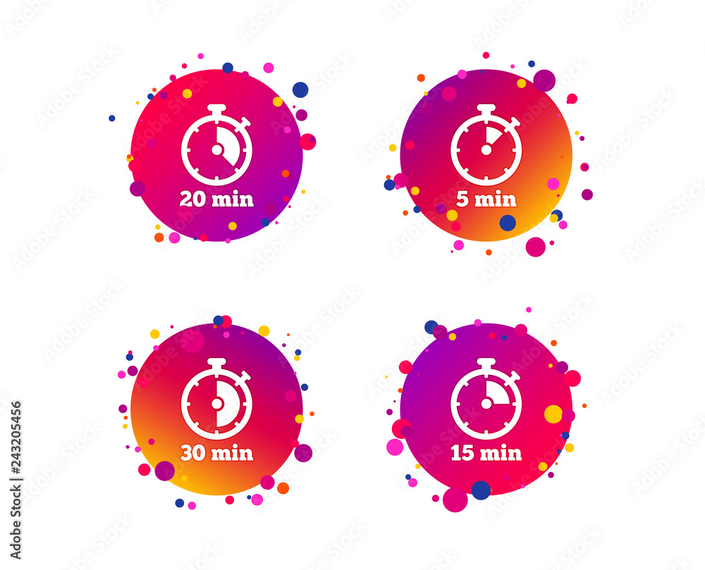 Poster timer icons. 5, 15, 20 and 30 minutes stopwatch symbols. gradient circle buttons with icons. random 