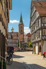 Naklejka na ściany i meble Schorndorf, main square of historical centre and a tower of Stadtkirche church, a town in Baden-Württemberg, Germany