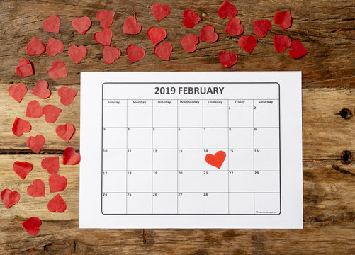 Gift and calendar conceptual image of Ready for Saint Valentines on the 14th of february of 2019