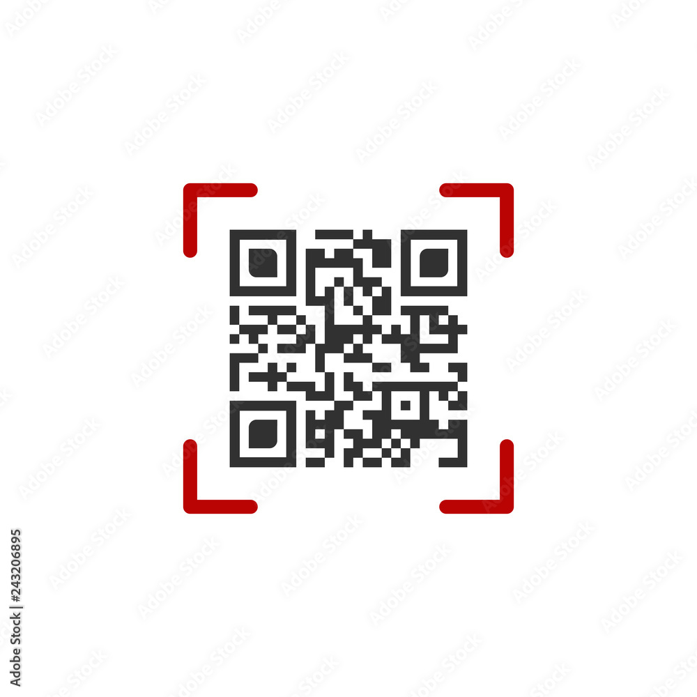 Poster vector illustration of qr code in red scanning frame. vector illustration isolated on white backgrou