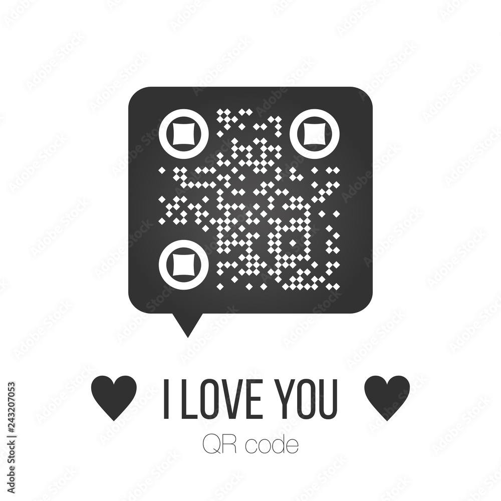 Poster vector illustration of chat bubble with qr code and scan me sign. scanned qr code reads i love you w