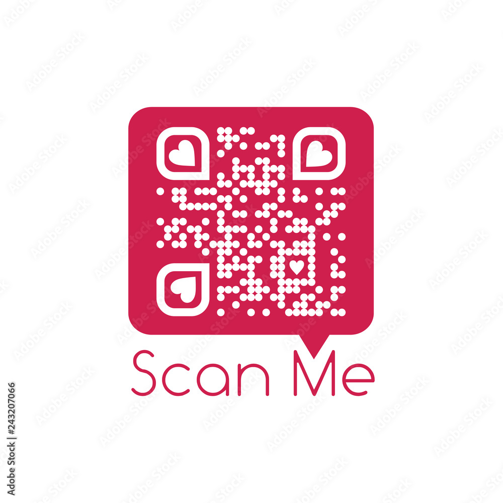 Poster vector illustration of chat bubble with qr code and scan me sign. scanned qr code reads i love you w
