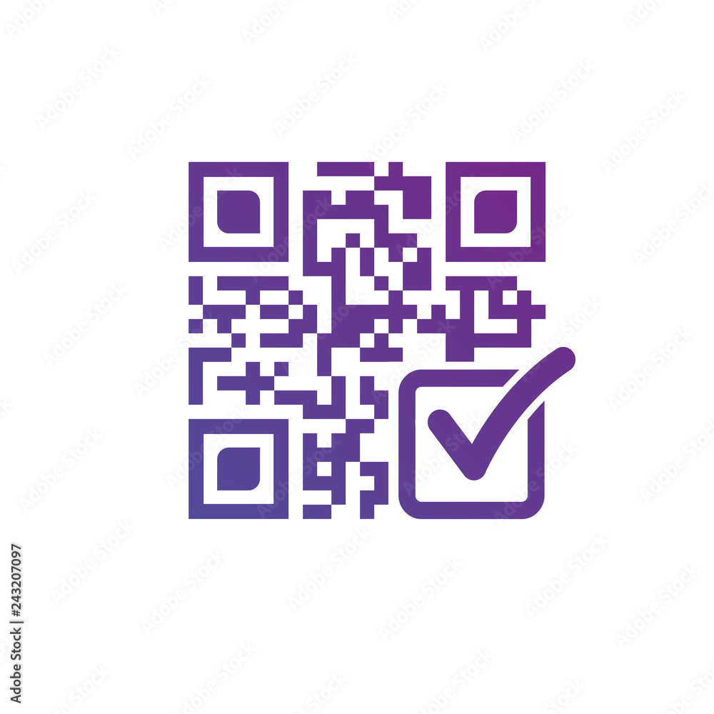 Poster qr code with check mark, modern design vector illustration isolated on white background.