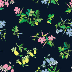 Elegenat floral vector repeat pattern with pink and blue blossoms and a dark background