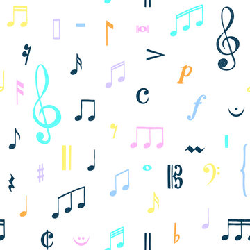 Music notes pattern. Music doodles background. Piano keys. Treble clef. Hand drawn effect vector. G-clef. Scribbles. Audio. Piano. Symphony. Song. Sing. Melody. Classic music.