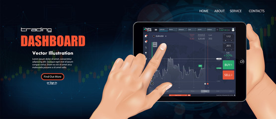 Market trade. Binary option. Trading platform, account. Press Call and Win transaction. Money Making, business. Market analysis. Investing. Screen of user interface for phone, table