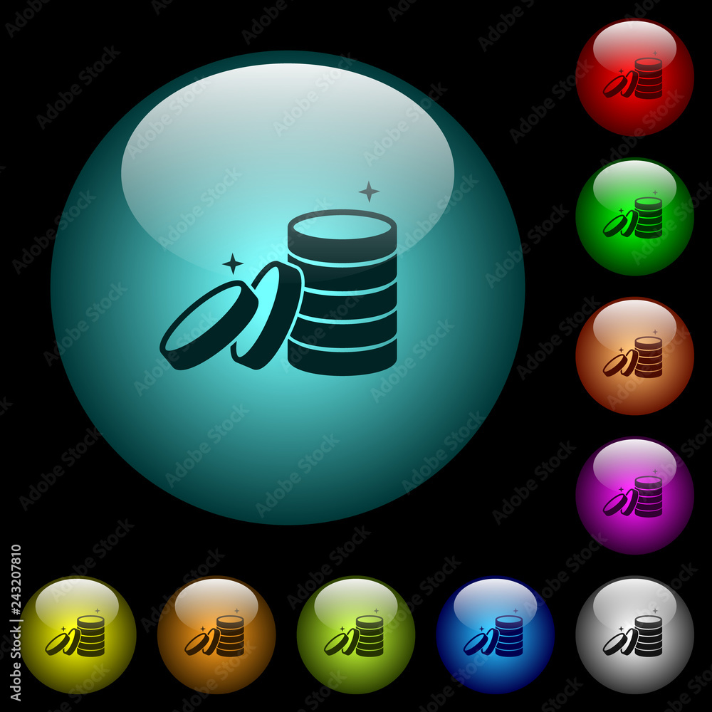 Poster stack of treasure icons in color illuminated glass buttons