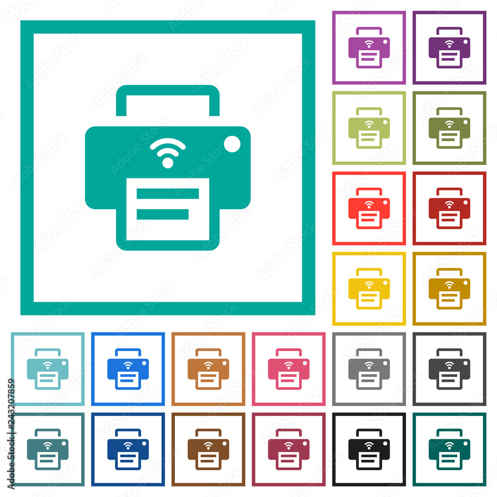 Poster wireless printer flat color icons with quadrant frames