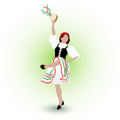 A young girl dressed in a national costume dancing an Italian tarantella with a tambourine