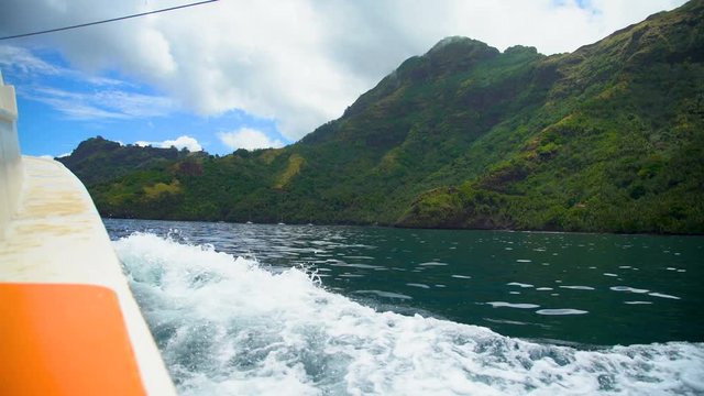 Boat fishing near Tahuata Marquesas Island South Pacific 