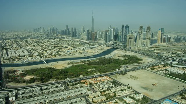 Aerial view Dubai canal Tolerance Bridge Safa Park