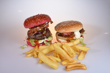 Fresh tasty burgers and french fries