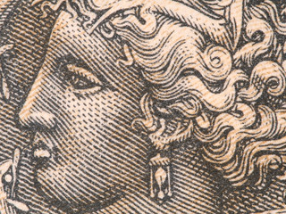 Arethusa nymph on old Greece drachma (1944) banknote, vintage retro engraving. Ancient Greek Syracuse coin..