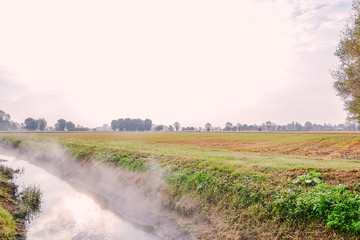 Mist rising from an irrigation ditch in a natural park during autumn