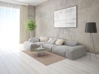 Mock up a spacious living room with a gray corner sofa and a stylish hipster backdrop.