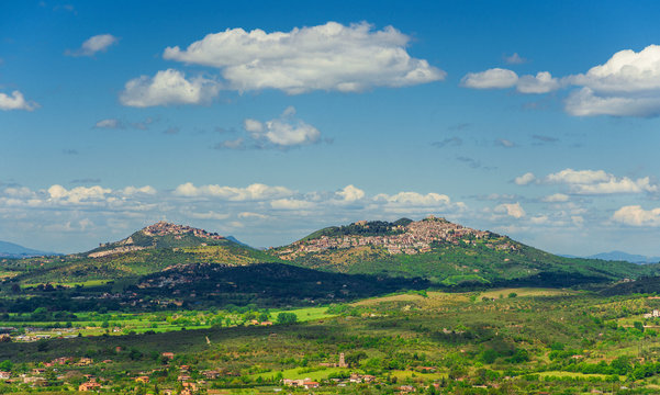 Panoramic view of Montecelio and Sant'Angelo Romano from Tivoli, two ancient towns in Rome countryside