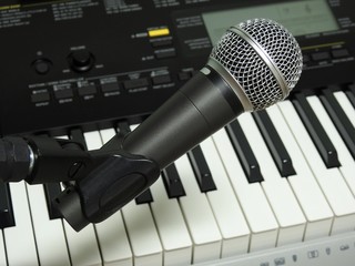 Close-up of a dynamic handheld vocal microphone. On the blurred background, a digital keyboard.