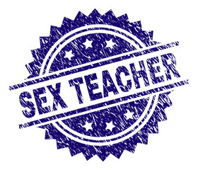 SEX TEACHER stamp seal watermark with distress style. Blue vector rubber print of SEX TEACHER caption with corroded texture.