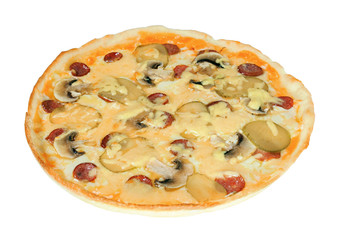Appetizing pizza with mushrooms, cucumbers, sausage and cheese.