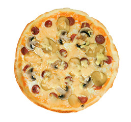 Appetizing pizza with mushrooms, cucumbers, sausage and cheese.