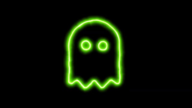 The appearance of the green neon symbol ghost. Flicker, In - Out. Alpha channel Premultiplied - Matted with color black