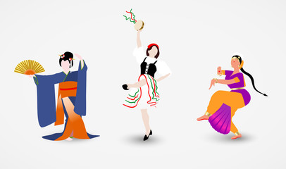 Set of illustrations of women of different races dressed in national costumes dancing the folk dances of their countries