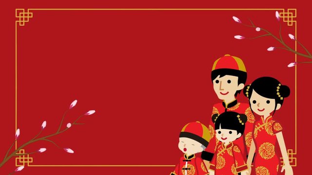 Animation of the Family who wearing Chinese National costume and Blooming cherry blossom twigs - Red color background