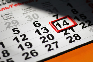 calendar with red mark on 14 February. Valentine's day concept