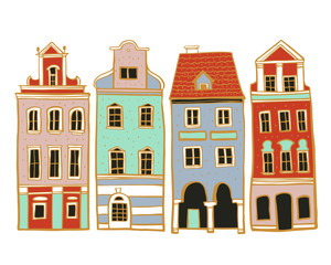 Vintage stone Europe houses. Hand drawn color  vector sketch illustration