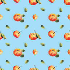 Watercolor seamless pattern with mandarins and leaves