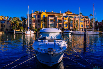 Port of Sotogrande. Port, sea, yachts and colorful houses. Sotogrande, Costa del Sol, Andalusia, Spain. Picture taken – 13 January 2019. © Ekaterina