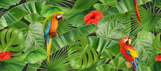 Jungle leaves and parrots, seamless pattern. 3d vector realistic background © Natis