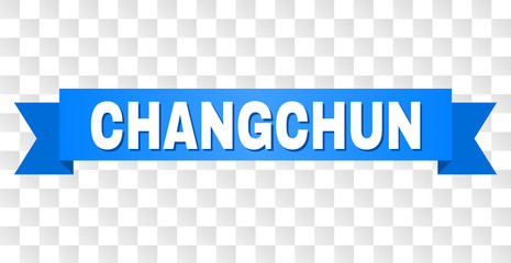 CHANGCHUN text on a ribbon. Designed with white caption and blue tape. Vector banner with CHANGCHUN tag on a transparent background.