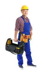 Fototapeta premium Electrician with tools wearing uniform on white background