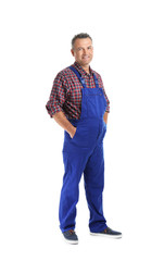 Fototapeta premium Full length portrait of electrician wearing uniform on white background