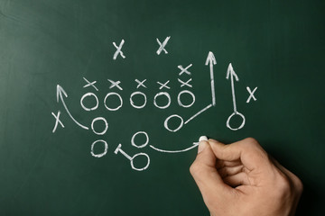 Man drawing football game scheme on chalkboard, top view