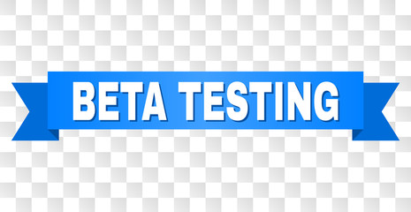 BETA TESTING text on a ribbon. Designed with white caption and blue stripe. Vector banner with BETA TESTING tag on a transparent background.