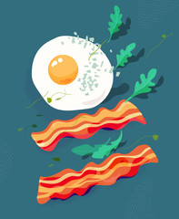 Fried egg and bacon, arugula. Breakfast vector illustration.