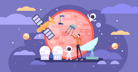 Fototapeta premium Space exploration vector illustration. Flat tiny astronaut person concept.