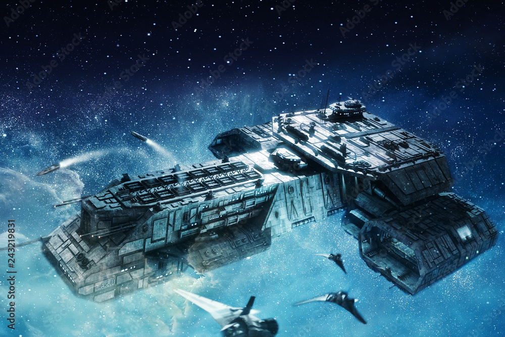 Poster artistic spaceship in a colorful nebula galaxy in deep space artwork