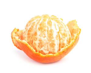 Fototapeta na wymiar Peeled ripe tangerine on white background. Citrus fruit