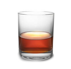 Glass of scotch whiskey on white background