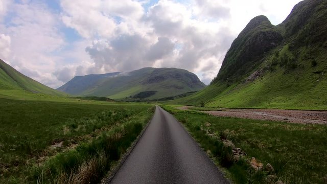 POV drive Glen Etive river valley wilderness Scotland 